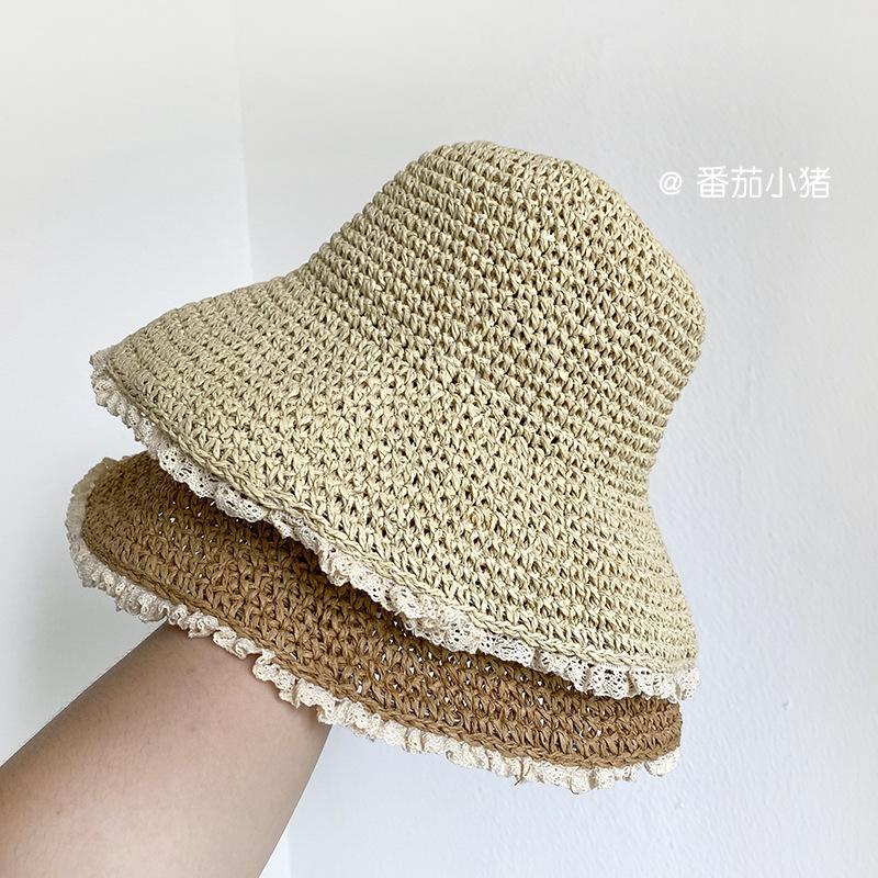 Straw Hat Women's Small Fresh Lace Solid Color Versatile Bucket Hat Summer Vacation Casual Big Brim Sun Hat