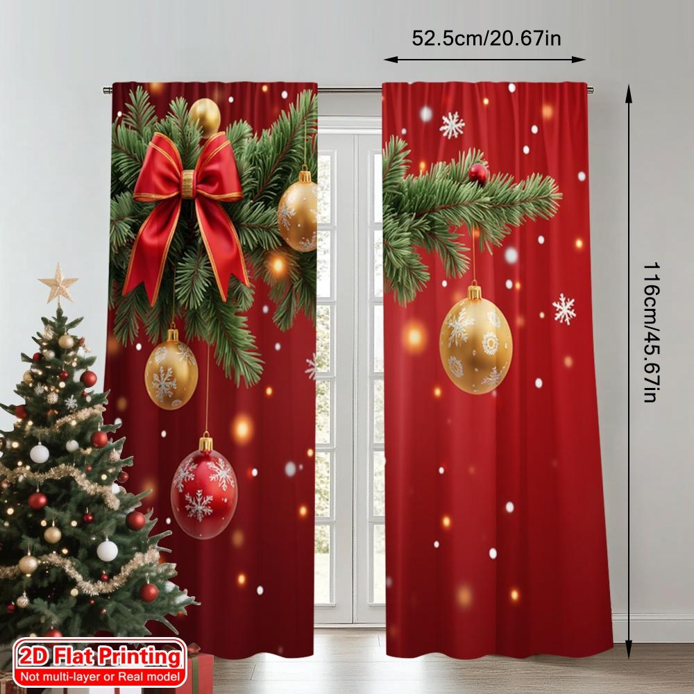 2pcs 2D Flat Printing Christmas Window Curtains Golden Ornaments Red Bows Snowflakes Polyester Without Electricity Party