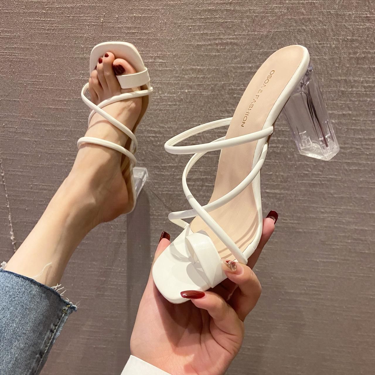 

2025 Summer New Transparent High Heels, Women s Flip-flops with High Heels, Wear Crystal Heel Chunky Sandals, Women s Style 36