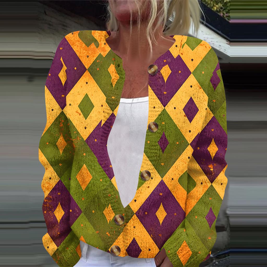 Women's Fashion Printed Long Sleeve Knitted Cardigan Button Down Jacket