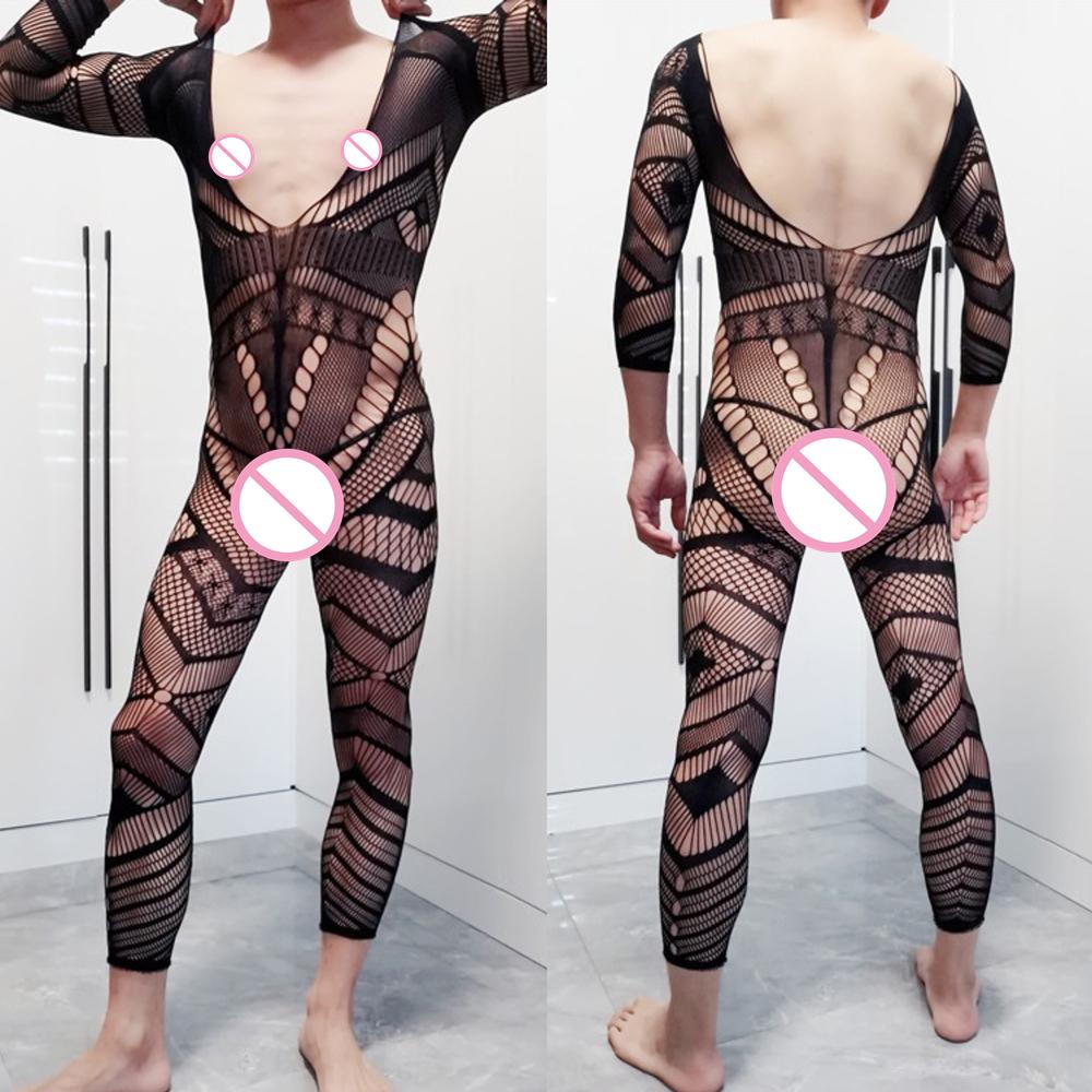 Tuta Pantacollant Rete Pizzo Uomo Sexy Pezzo Unico Bretelle Body Calze a Rete Cavallo Aperto Trasparente Crossdress Lingerie Body