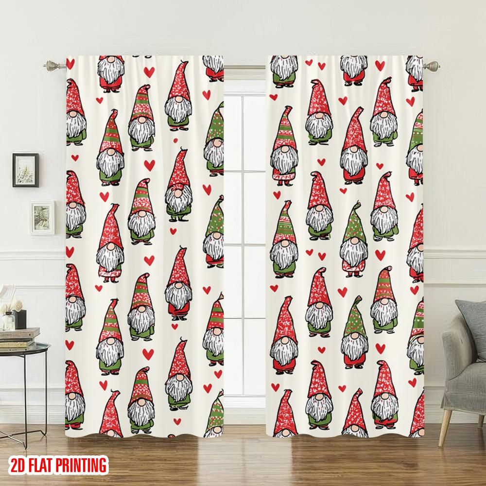 Set Of 2 Flat Printing Fashionable Christmas Curtains Gnomes Hearts Digital Printed Polyester Drapes Festive Curtain