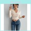 T-shirt in Pizzo con Scollo a V e Maniche Lunghe da Donna con Vestibilità Elasticizzata e Stile Street