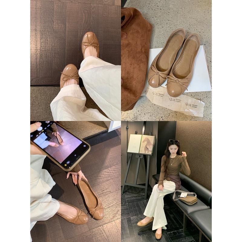 Super soft washed horse leather Gallida women's shoes French retro bow light mouth single shoes women's versatile ballet flats