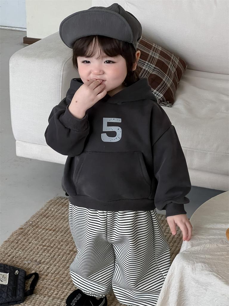 Baby clothes autumn and winter thickened hooded sweater set children's clothing boys striped sweatpants fleece two-piece set