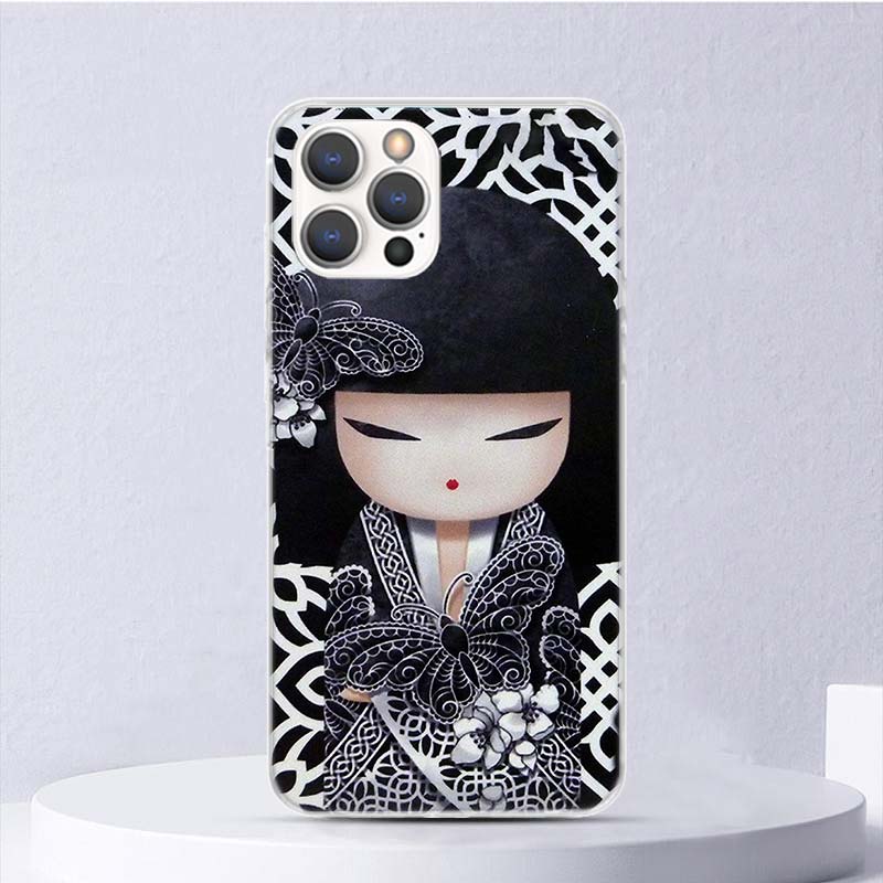 Kokeshi Doll Kimono Girl Soft Case For iPhone 16 17 Air 16E 15 Plus 11 12 13 Mini 14 Pro Max Phone Cover Apple 7 8 SE Coque Fund