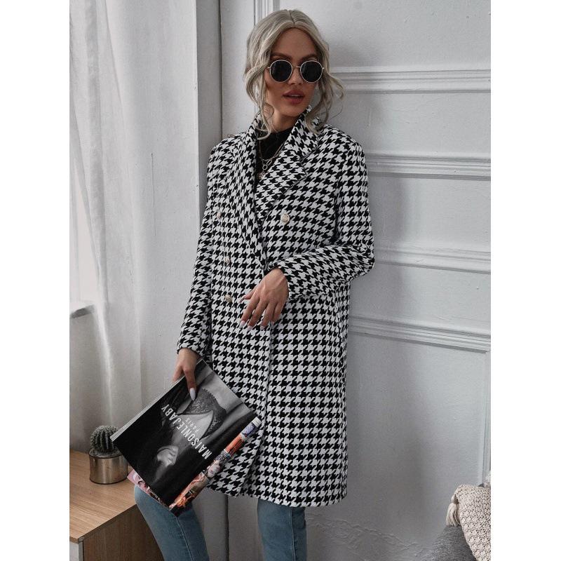 2026 Women s Autumn/Winter Houndstooth Long Woolen Coat S
