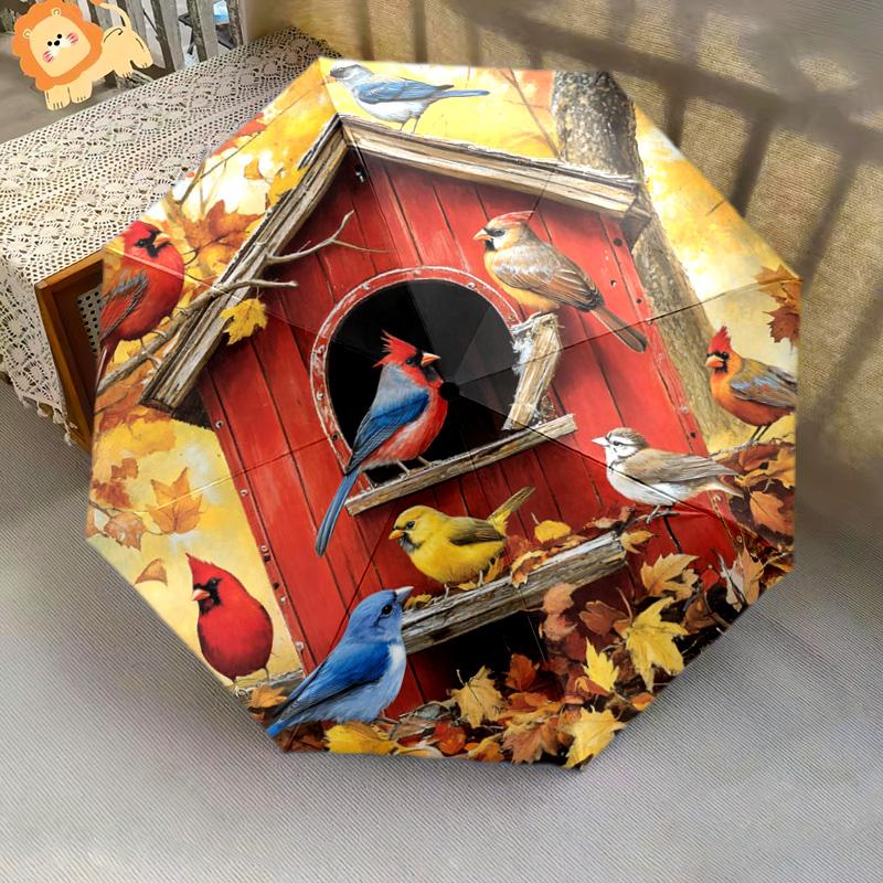 1 PC Automatic Folding Umbrella - Autumn Birdhouse Birds Pattern, Portable & Foldable Design with 8 Ribs, Christmas Birthday Gifts