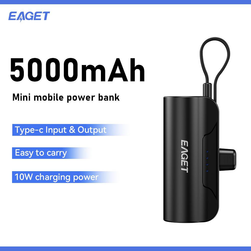 EAGET Portable Power Bank 5000mAh Mini Pocket Mobile Phone Charger with Buit In Cable Dual Por Type-C for 15 Pro/15 Pro Max Android Phones.