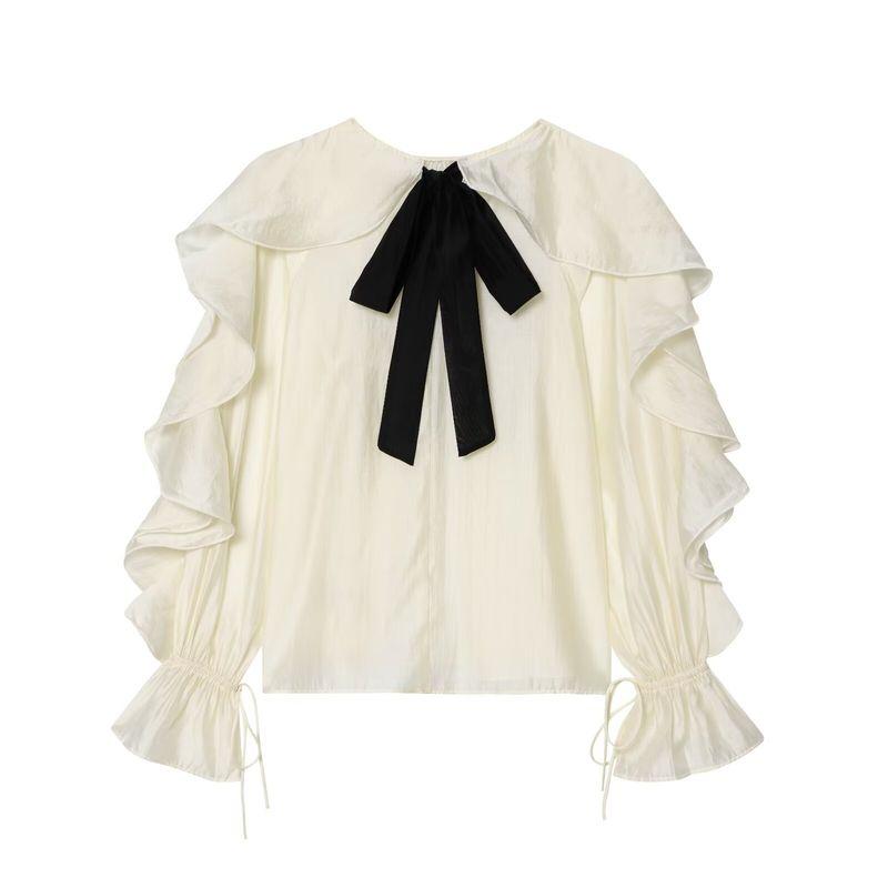 

Kaslead New Women clothes Western Style Simple Temperament Contrast Color Ribbon Frill Cover up Shirts Picture Color L