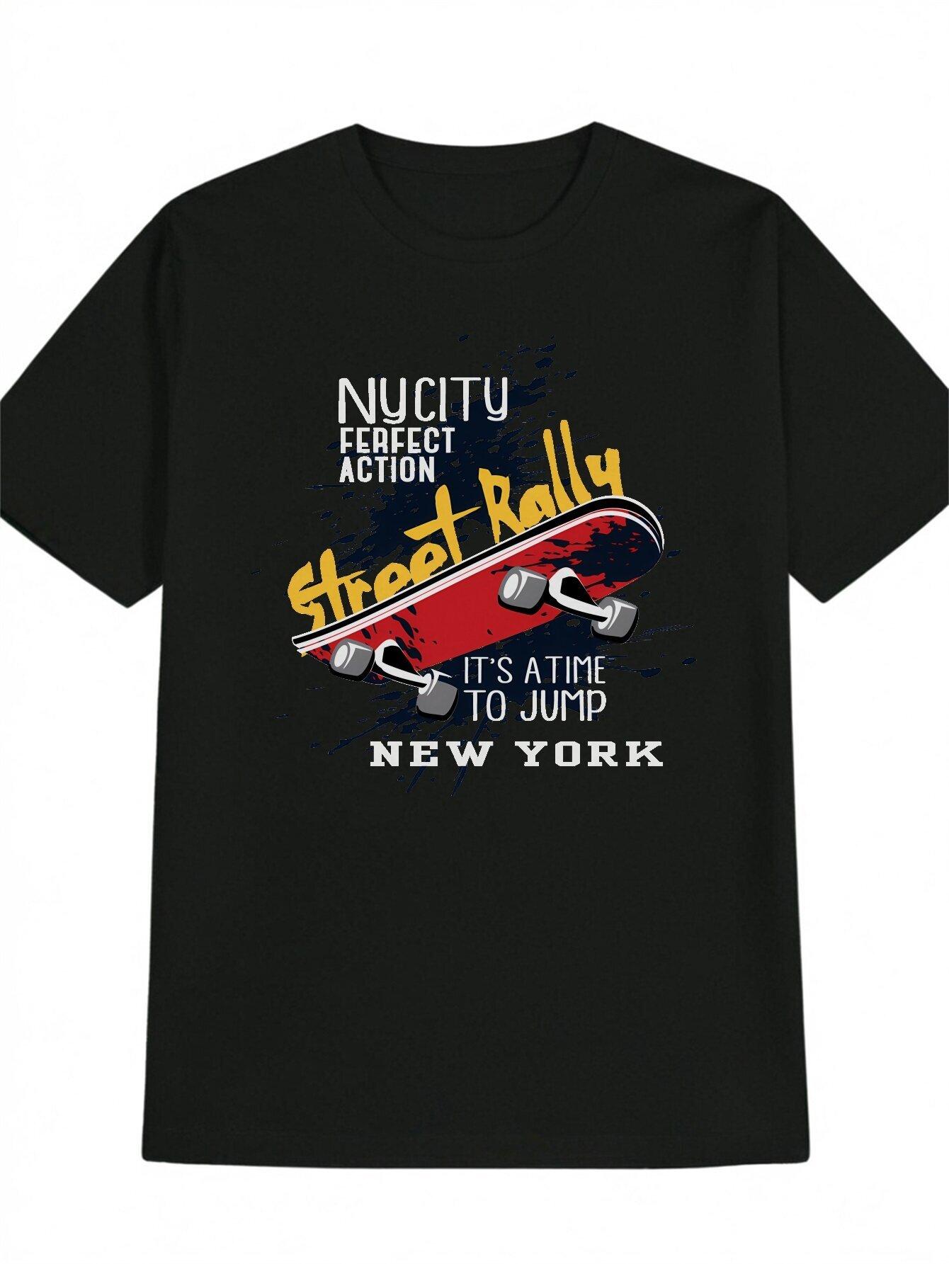 Casual Round Neck T-shirt with NUCITY Skateboard Print - Black Polyester M