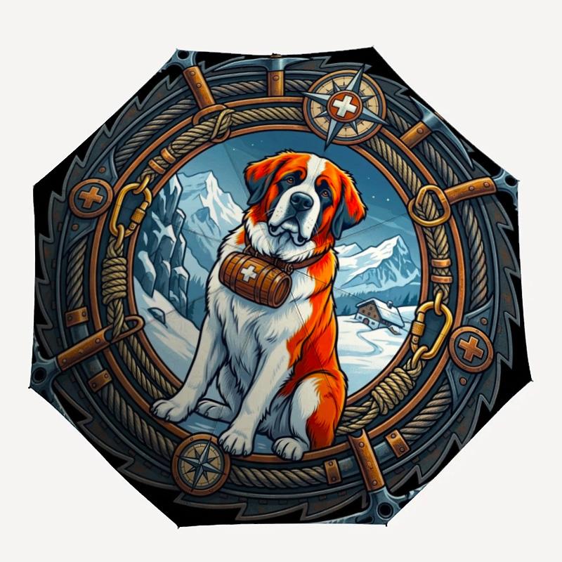 Mountain Rescue Dog Badge pattern umbrella, portable and foldable design, 8 ribs, a casual accessory for Halloween, Christmas, and birthday gifts.