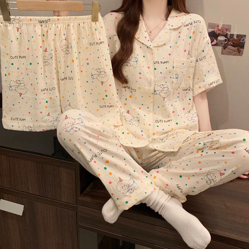 Women's Cloud Cotton Three-Piece Pajama Set - Spring/Summer Short-Sleeve Lapel Cardigan, Sweet Forest Girl Homewear Style
