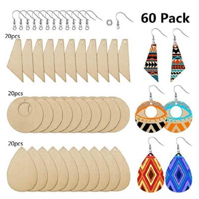 60x Blank Teardrop & Tapered Cutout Pendants Wooden Unfinished Earrings for DIY