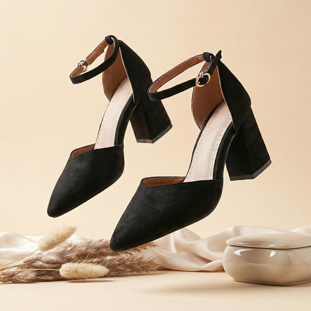 

2026 Summer Elegant Women Sandals Plus Size 43 45 48 High Heel Pointed Toe Ankle Buckle Strap Shoes for Office 34 чёрный