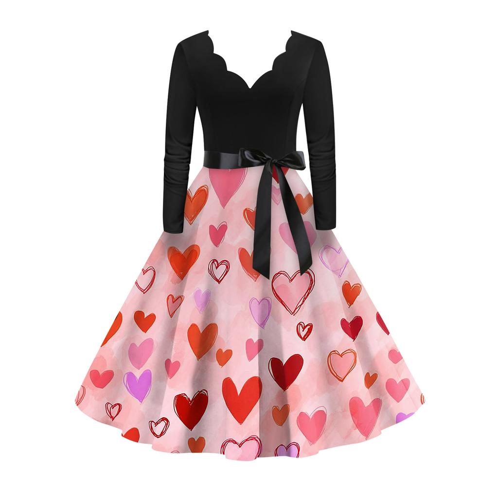 Damska stylowa i elegancka sukienka z długim rękawem, dekoltem w serek w kształcie serca na Walentynki