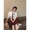 Summer New American Sweetheart Suit College Style Sweet Babes Jk Uniform Waist Shirt Top Red Plaid Skirt