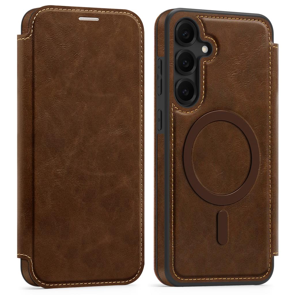 For Samsung Galaxy S25+ Case Compatible with MagSafe RFID Blocking Card Holder Leather Phone Cover