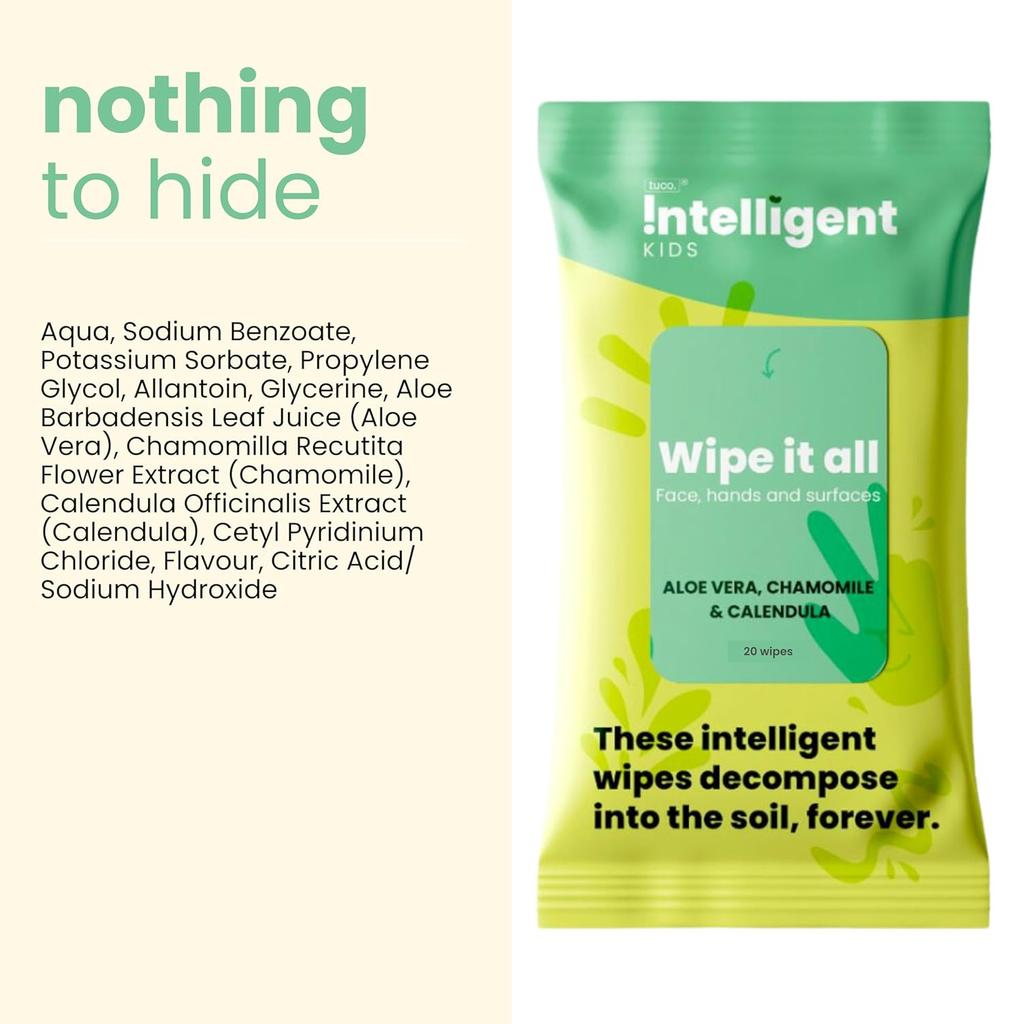 Salviette Umidificate TuCo® Kids Pulisci tutto Viso, Mani e Superfici per Bambini dai 3 anni in su, Arricchite con Aloe Vera e Calendula - 20 Salviette (Confezione da 1)