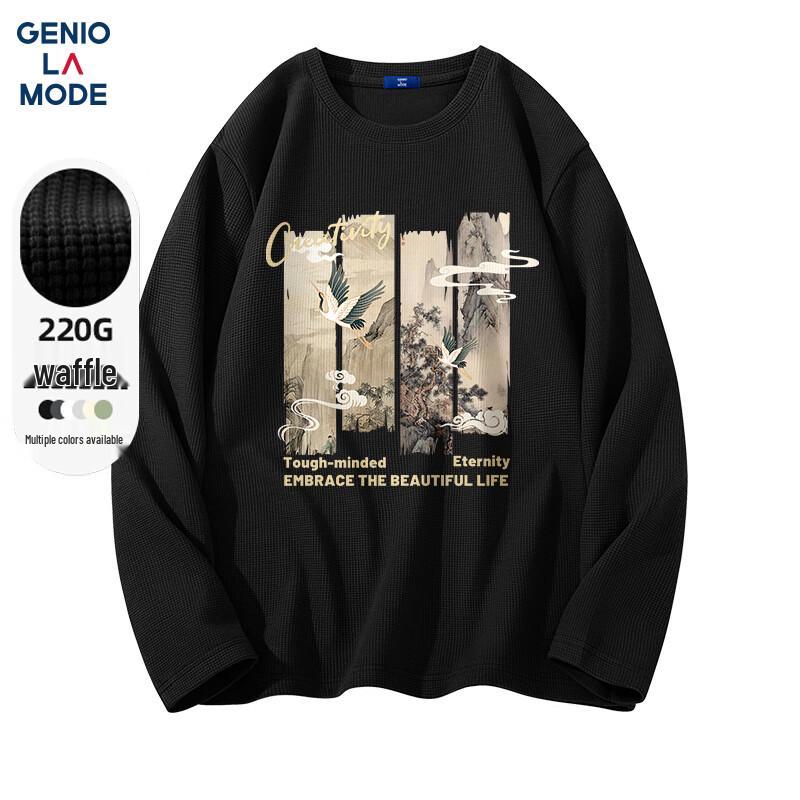GENIOLAMODE Men s Waffle Knit Crane Print Long-Sleeve T-Shirt M