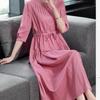 Women Round Collar Solid Color Dress Ladies Mid-length Waist Long Skirt Cotton A-Linen Dresses Women Clothing