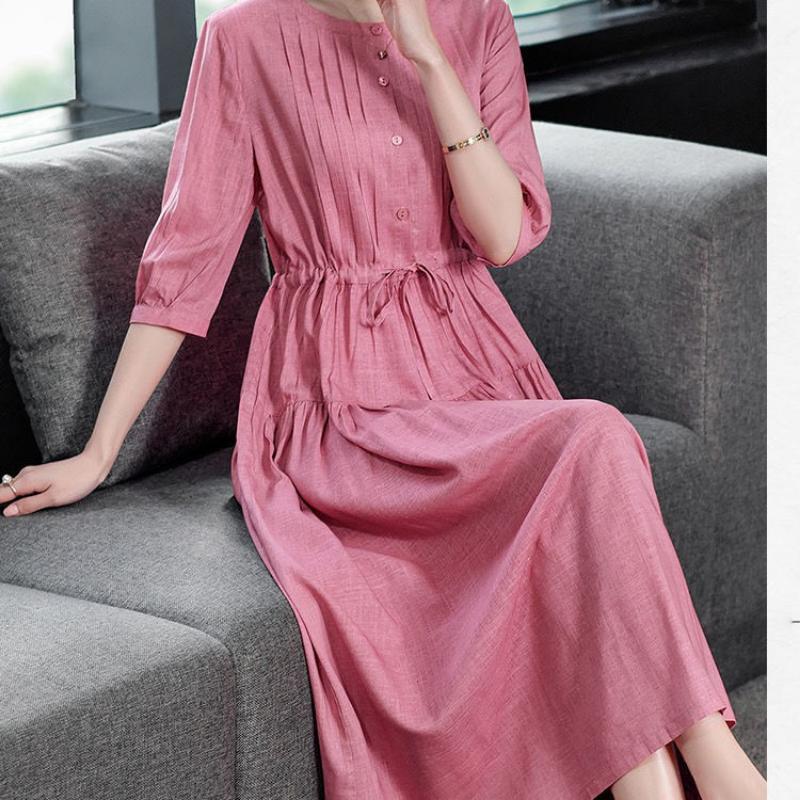 Women Round Collar Solid Color Dress Ladies Mid-length Waist Long Skirt Cotton A-Linen Dresses Women Clothing