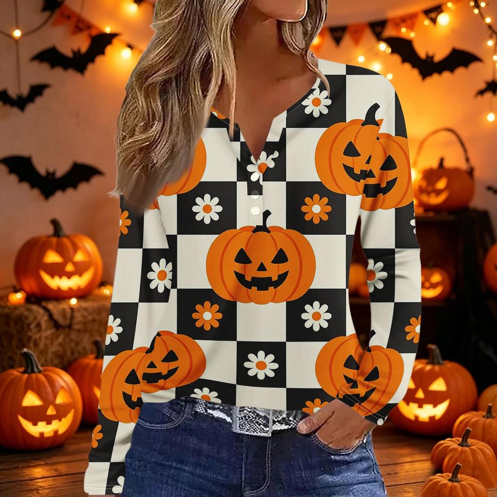 Women’s Casual Halloween Printed V Neck Decorative Button Long Sleeve T Shirt Top with Pumpkin and Candy Pattern