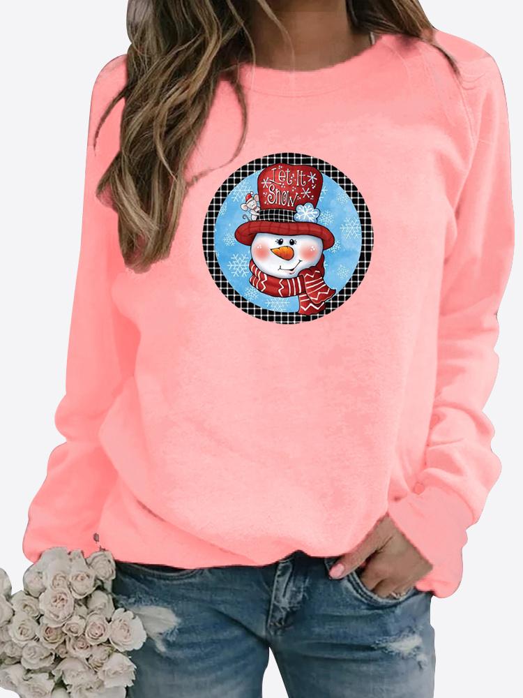 Blusa feminina de outono e inverno com decote redondo, moda casual, cor sólida, manga comprida, estampa de boneco de neve, camiseta solta, tops