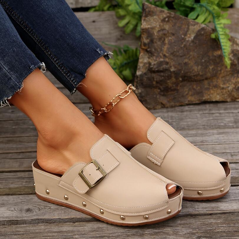 Women s Fish-mouth slippers with thick soled buckle rivets Woman Platform Sandals Wedges Heeled Shoes Sandalias Footwear 36 бежевый 2980₽