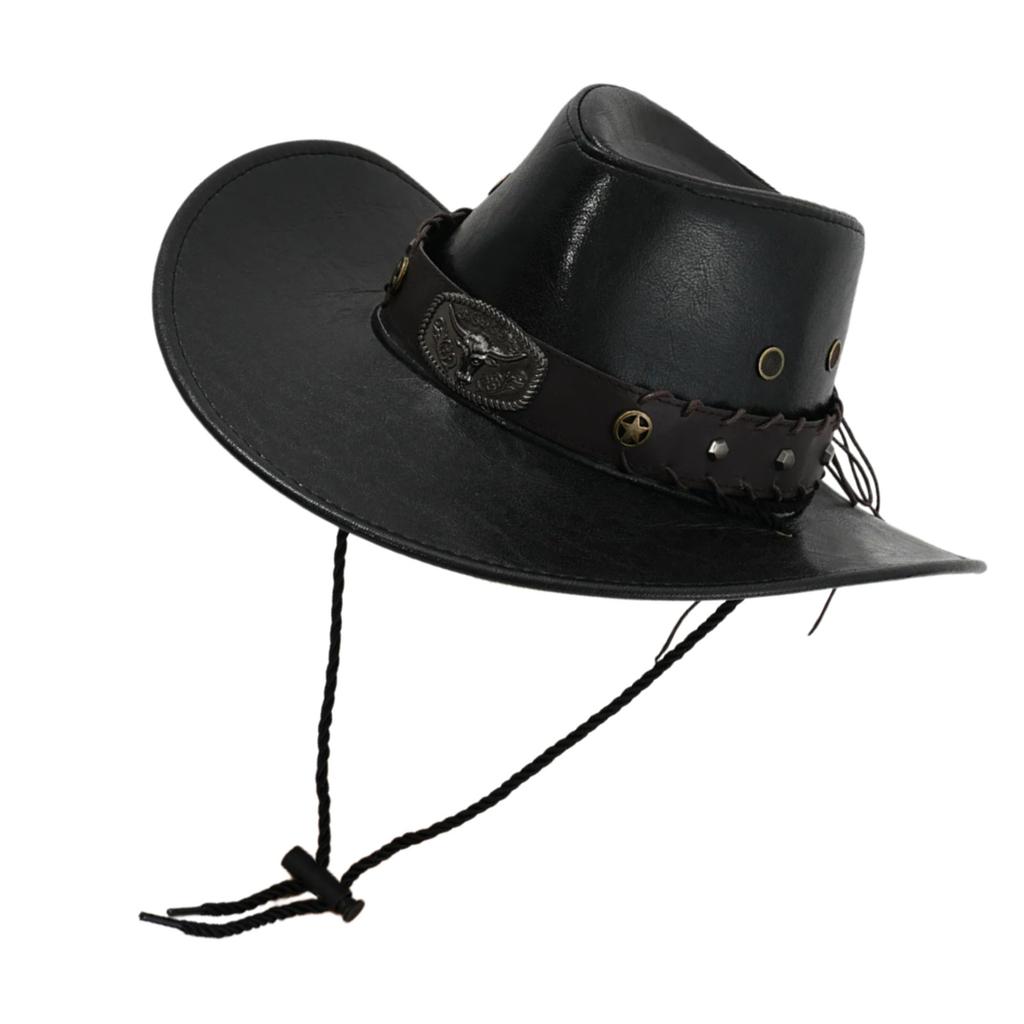 Large Brims Western Hat PU Leather Top Hat with Bull Head Belt for Costume Parties Halloween Dressingup Props Headwear