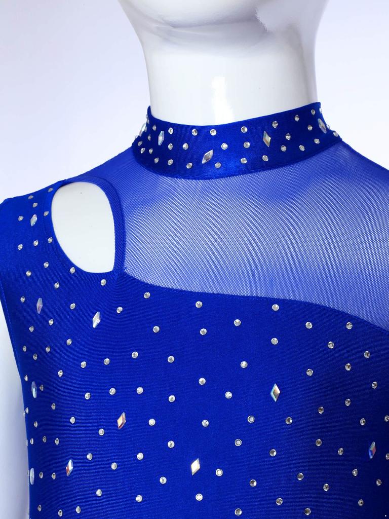 Complete Competition Lyrical Costume for Girls: Features Asymmetrical Design, Mock Neck, Mesh & Rhinestone Details