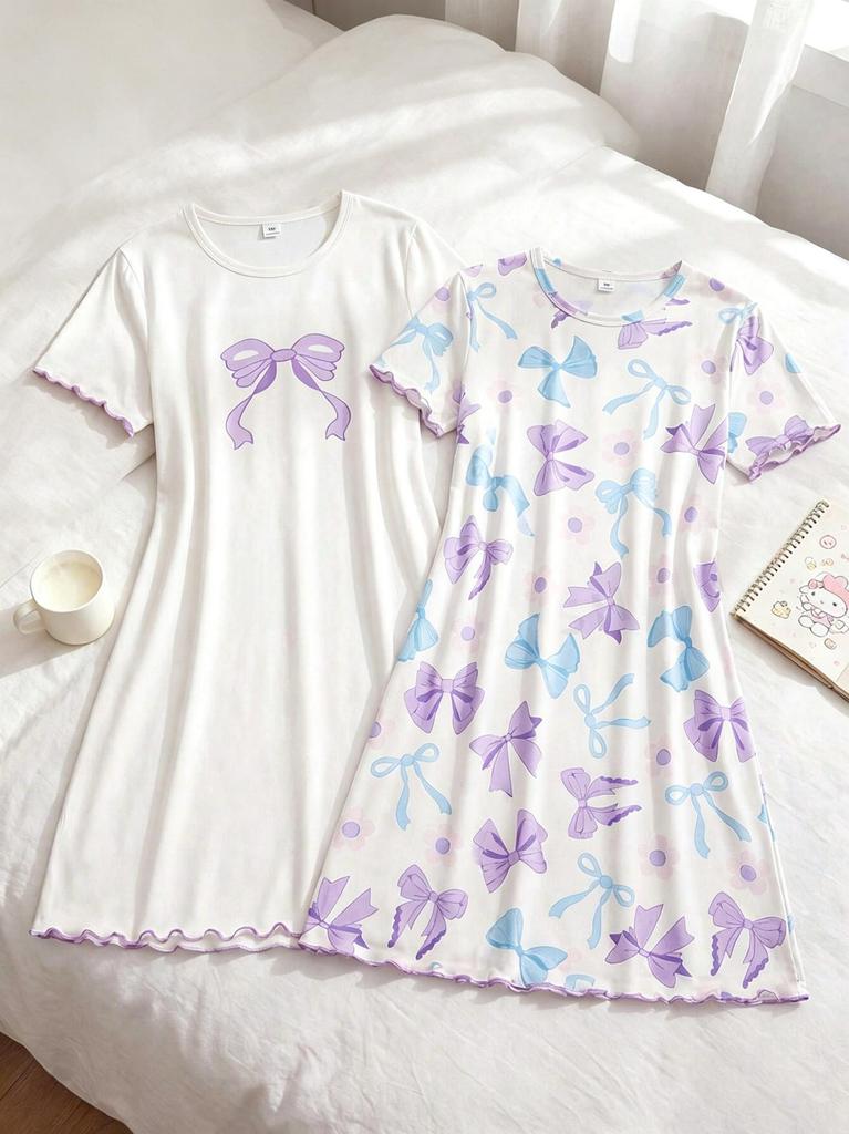 Girls 2-Pack Bow Print Nightgowns, White Short Sleeve Sleep Dresses for 8-12Y, Cute Loungewear