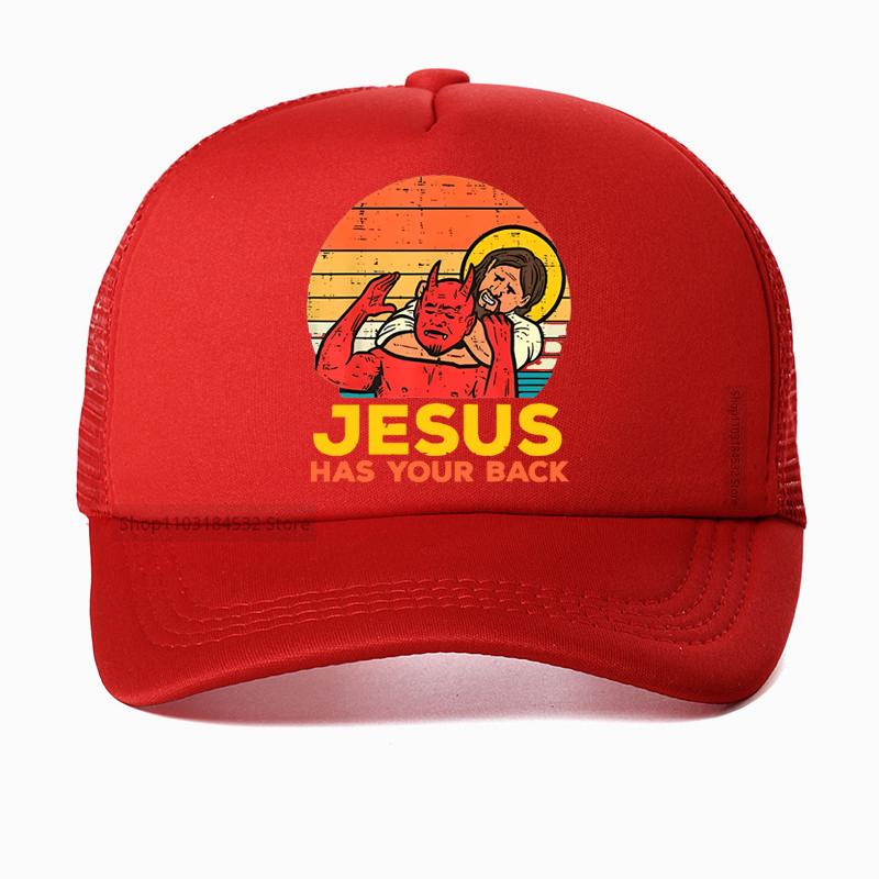 Jesus Has Your Back Jiu Jitsu Retro Christian Baseball Cap Unisex Women Vintage Graphic Outdoor Mesh Trucker Snapback Hat Adjustable