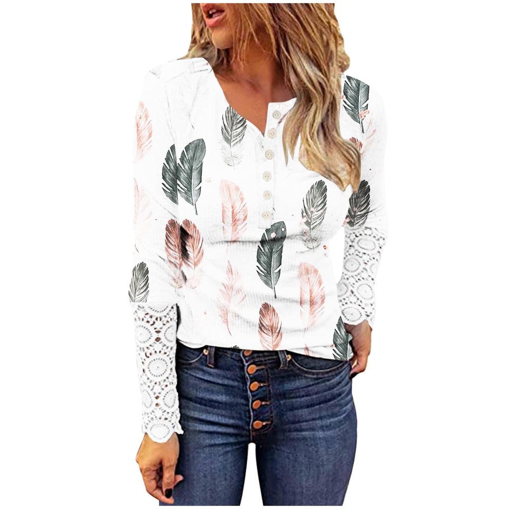 Womens Fashion Lace Long Sleeve Hole Strip Slim Round Neck Button Print Pullover Women's T-Shirt