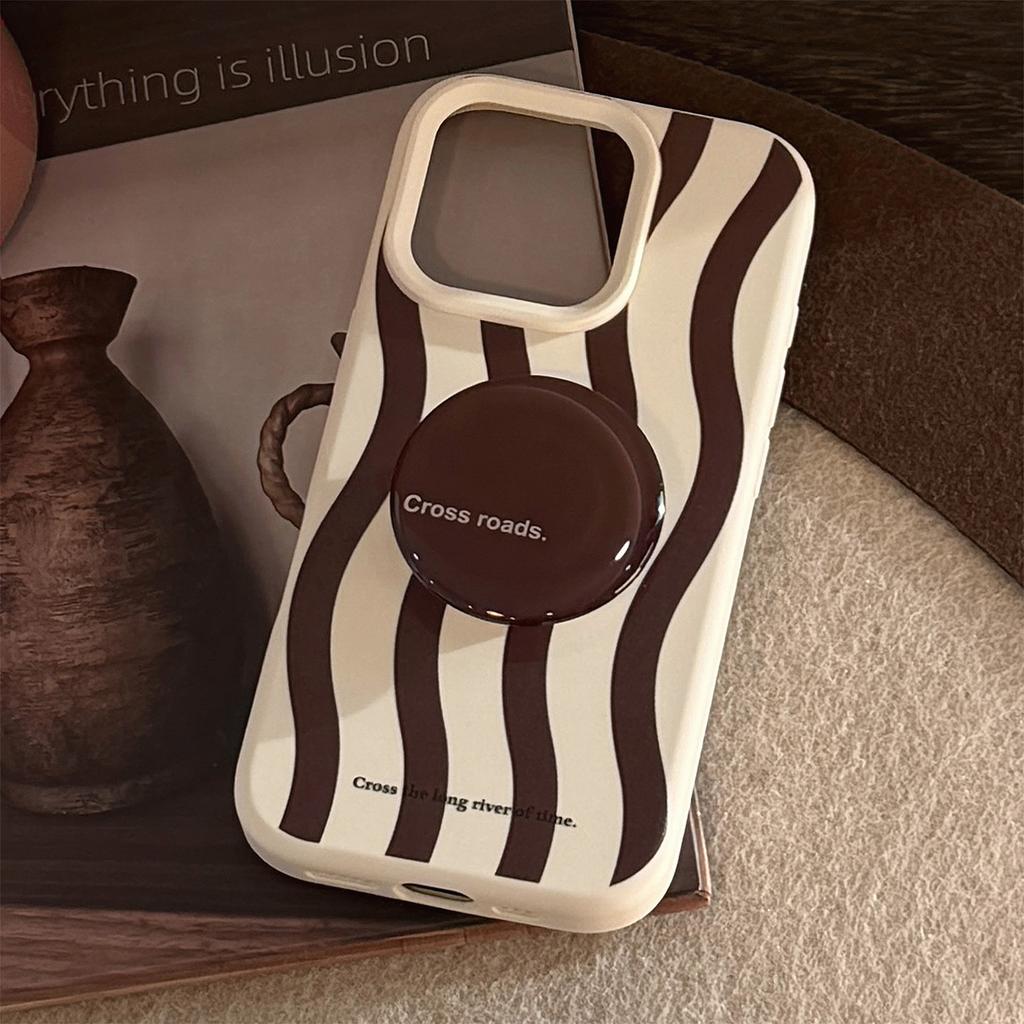 High-end Sense Ins Striped Iphone16 Phone Case Apple 17 Retro Brown Stand 15pro Max Suitable for 13 Soft
