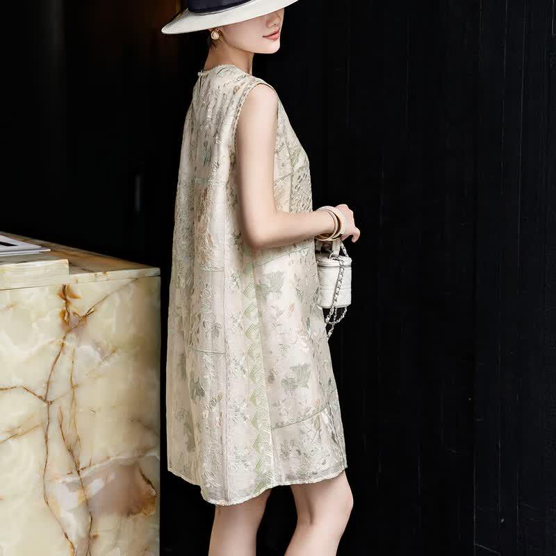 Elegant Linen Embroidered Sleeveless Cheongsam Dress