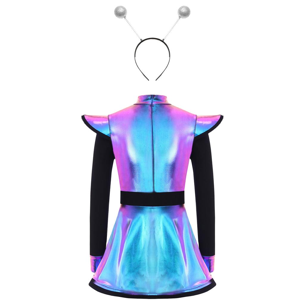 Girls Alien Costume Set Patchwork Metallic Dress Mock Neck Long Sleeve Built In Shorts Matching Hair Hoop