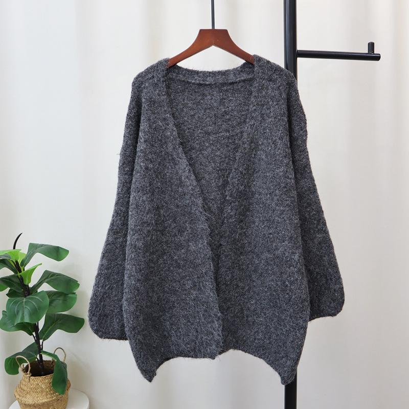 Autumn and Winter New Loose Soft Waxy Solid Color Lantern Sleeve Knitted Cardigan Lazy Wind Sweater Jacket Women