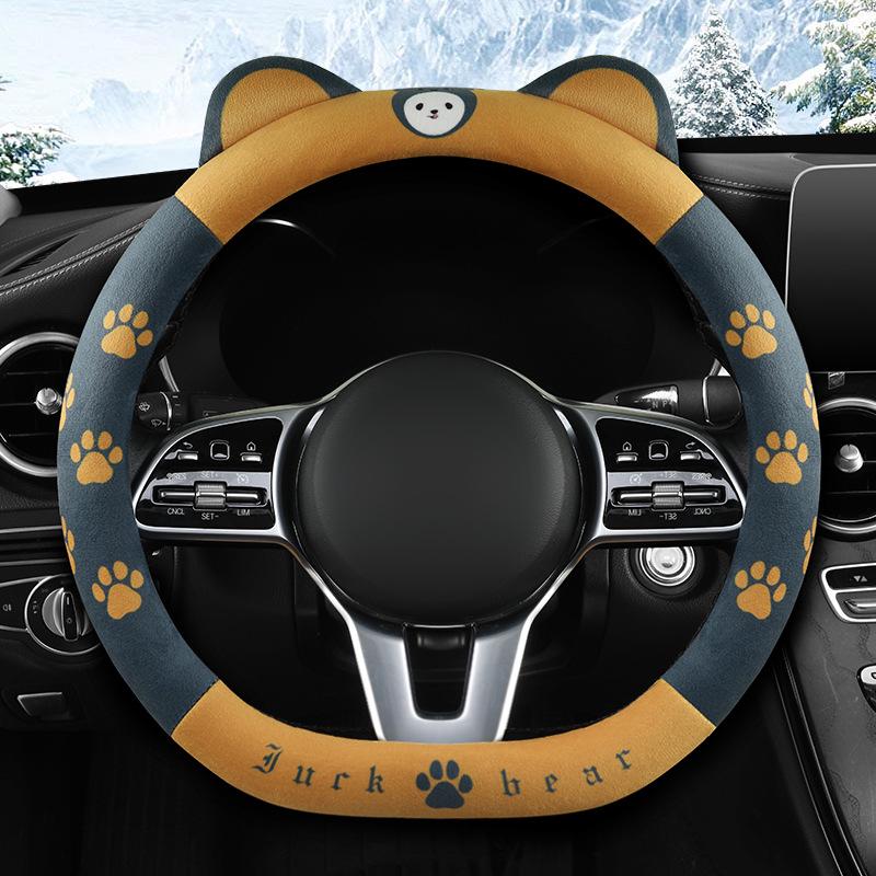 Winter Cartoon Plush Steering Wheel Cover, Fits 37-38CM