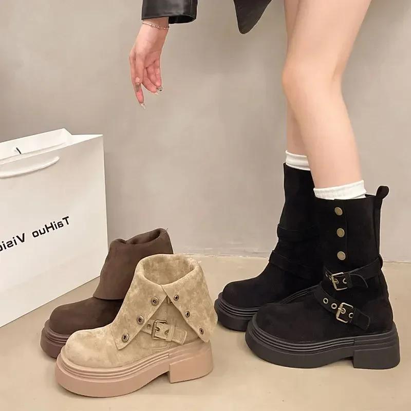 Women's Long Boots 2025 Spring New Style Fashionable Two-piece Lapel Mid Leg Boots Retro Versatile Thick Soled Motorcycle Boots