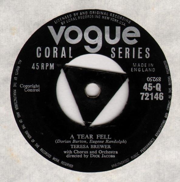 

7-дюймовая пластинка ТЕРЕЗА БРЮЭР A Tear Fell Bo Weevil 45Q72146 Vogue 1956 Великобритания Рок Б/у