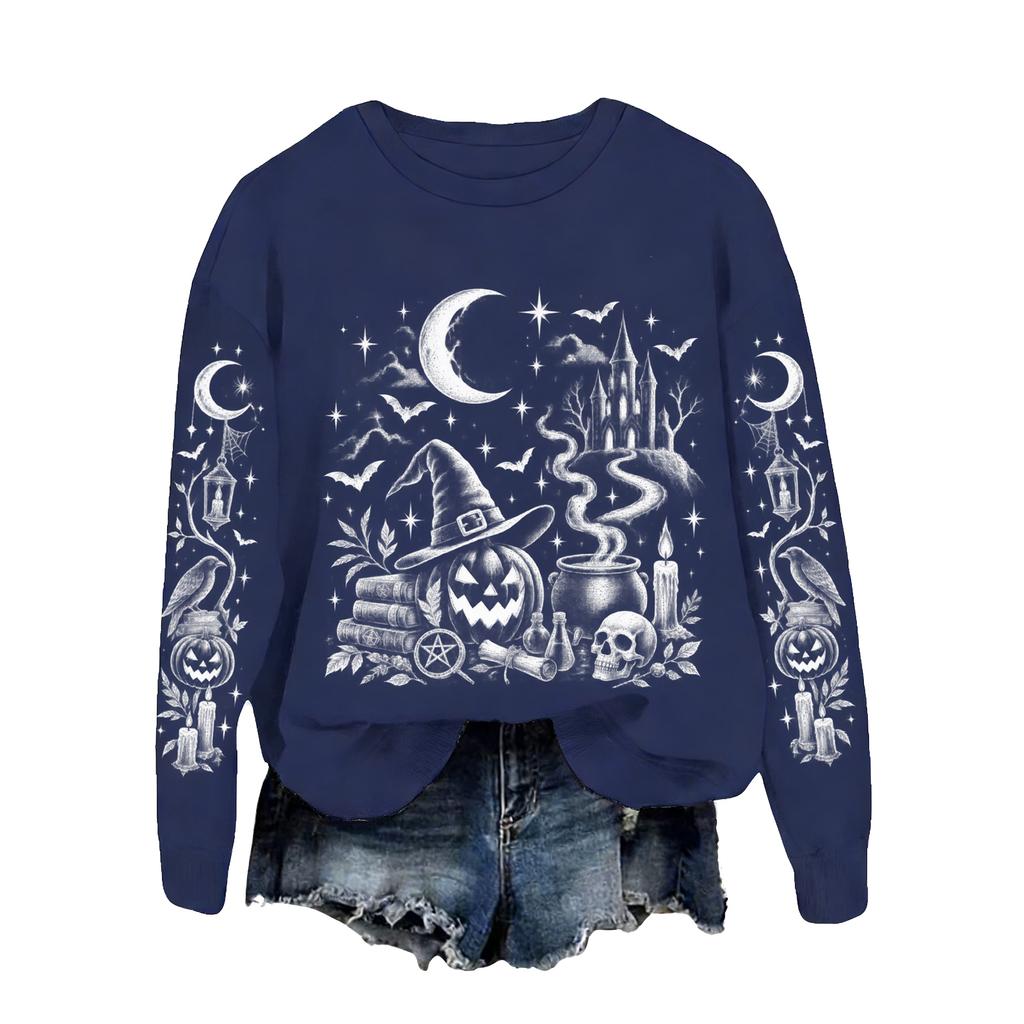 Women's Halloween Print Sweatshirt Loose Fit Casual Pullover Top for Fall and Winter