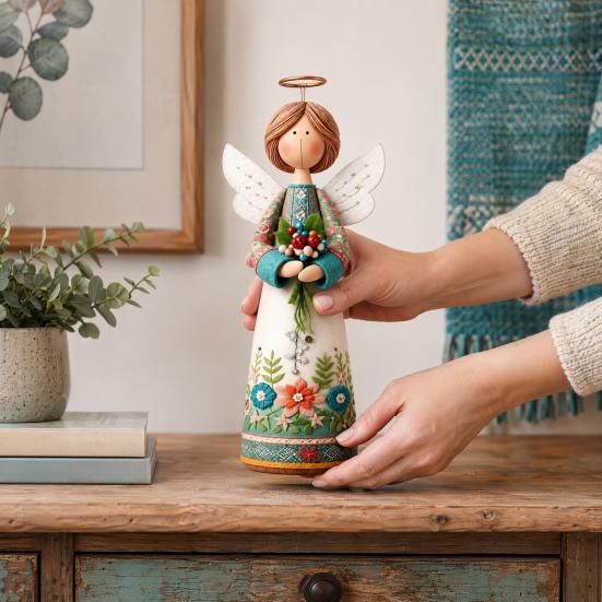 Hand-carved Decoration Vintage Floral Figurine Ornament, Hand Carved Flower Angel Statue, Decorative Figure with Wings Home Table for Living