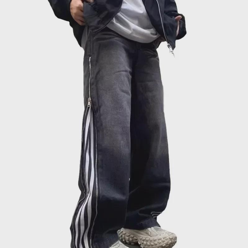 Pánské černé pruhované retro džíny s rovnými nohavicemi - Jarní/podzimní móda