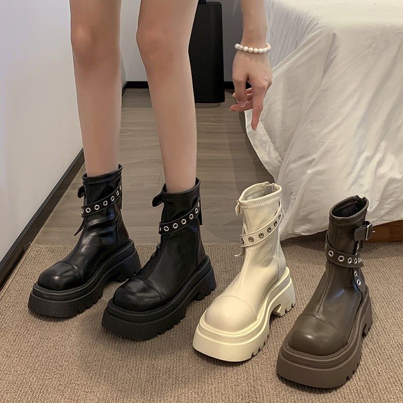 Fashion Thick soled British style black women's 2025 autumn new height increasing versatile retro thin short boots slim boots