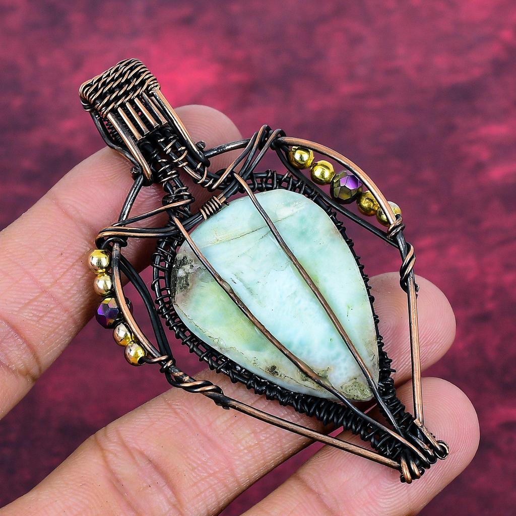 Larimar Pendant Gemstone Jewelry Copper Wire Wrapped Pendant Handmade Pendant