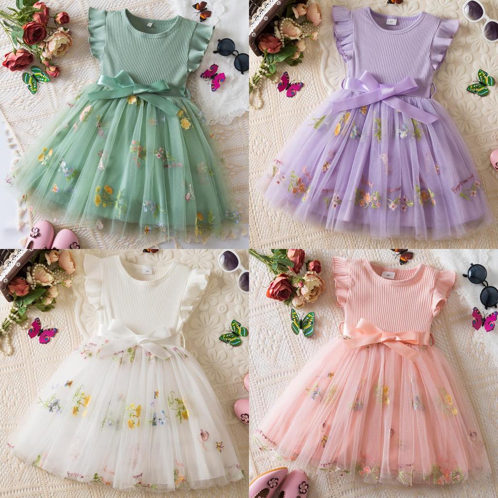 Summer Girl Flower Embroidered Mesh Dress With Bow For Toddler Girls