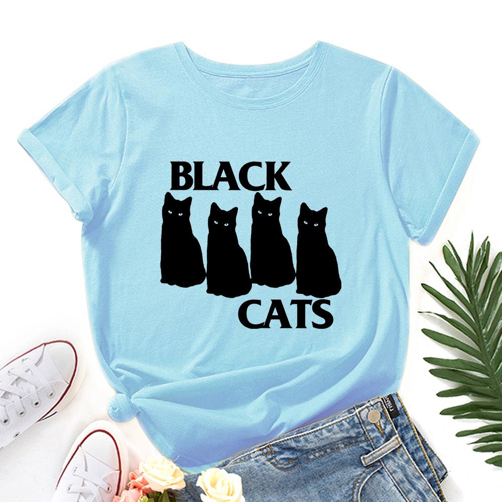 Summer Round Neck Black Cat Pattern Printed Top Fashionable Casual Pure Cotton Short Sleeved Women's T-shirts