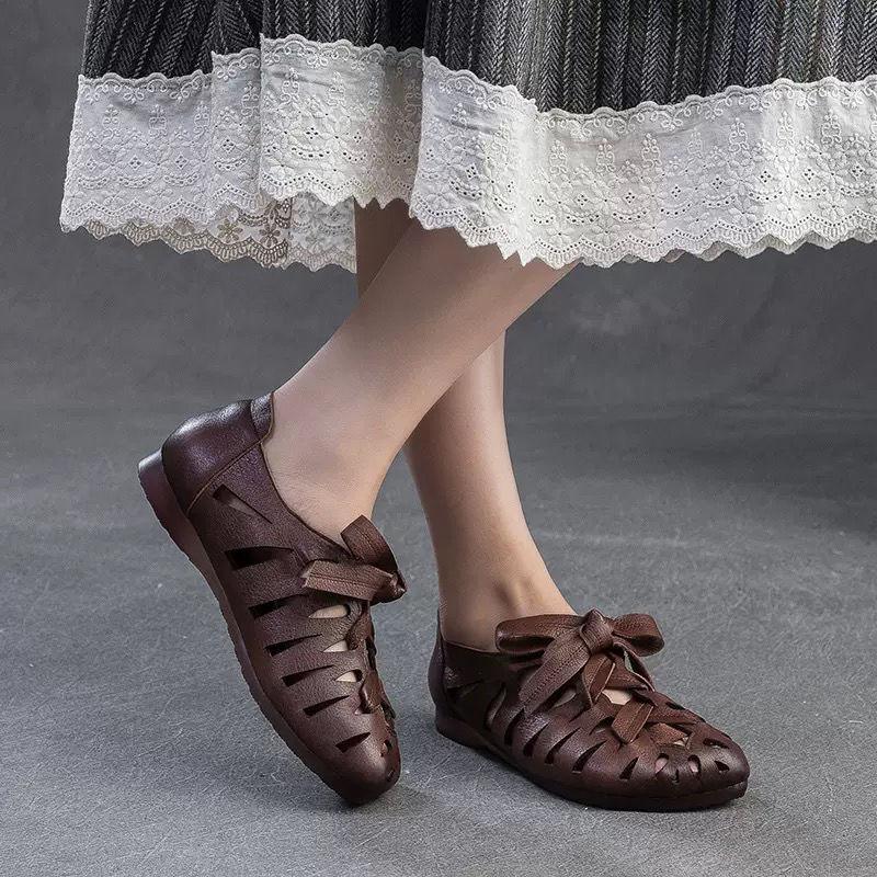 Retro Hollowed-out Sandals for Women's Summer 2025 New Style, Soft-soled, Soft-top,Fashionable and Casual,Round-toed Roman Shoes