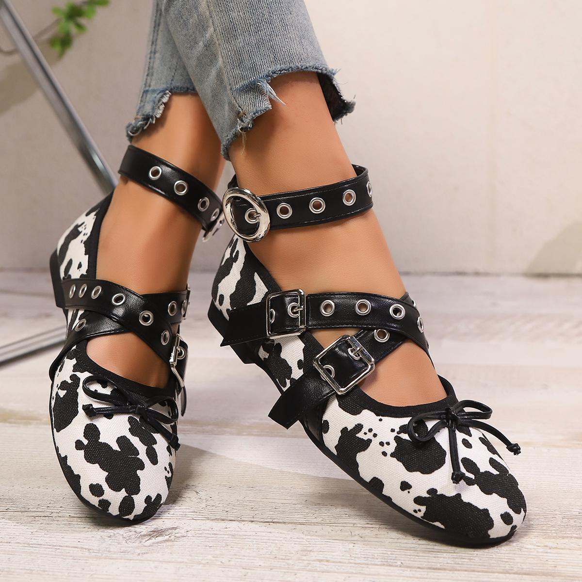 

Fashion Fashion Cow Print Lace Up Ballet Flats Woman Brand Design Ankle Buckle Strap Ballerina Shoes Ladies Casual Leopard Canvas Loafer 35